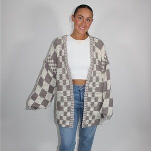 Oversized Checkered Chunky Knit Cardigan